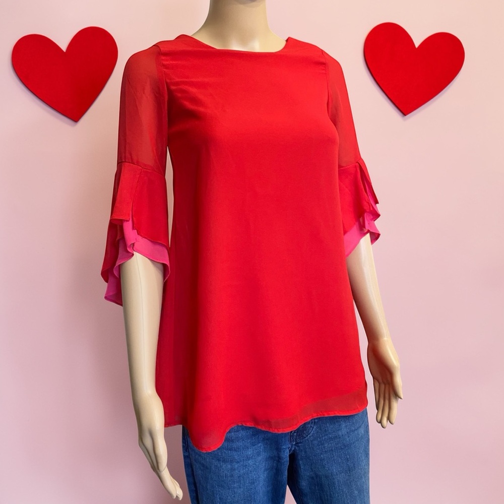 Sequin Hearts Red Blouse with Ruffle Sleeves